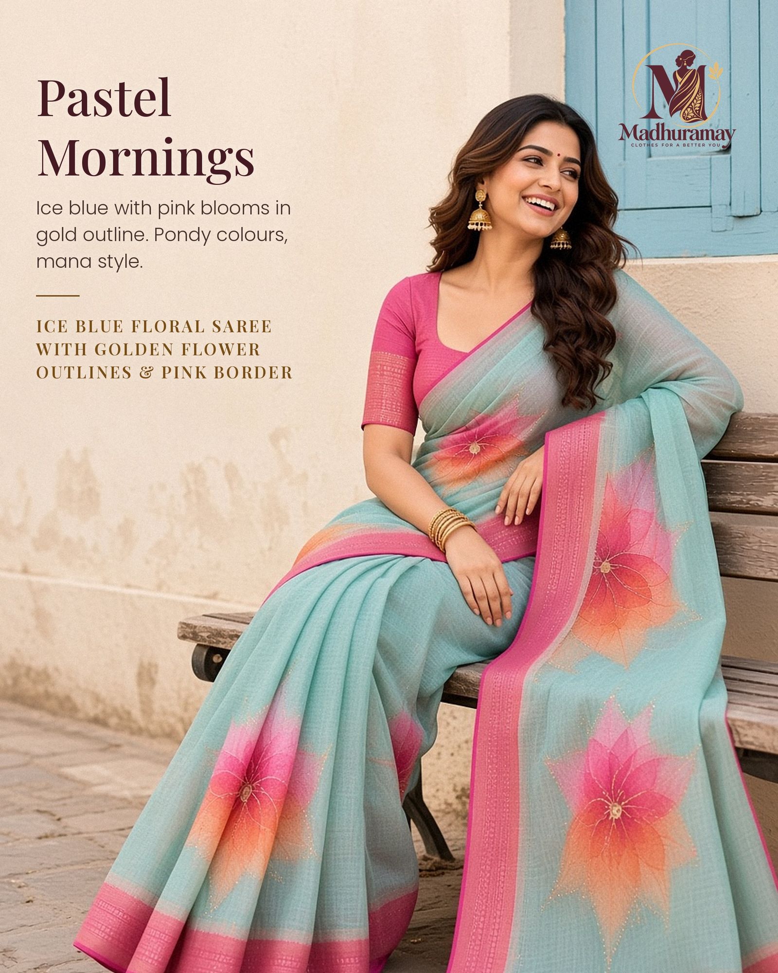 Ice Blue Golden Garden Festive Saree with Pink Border