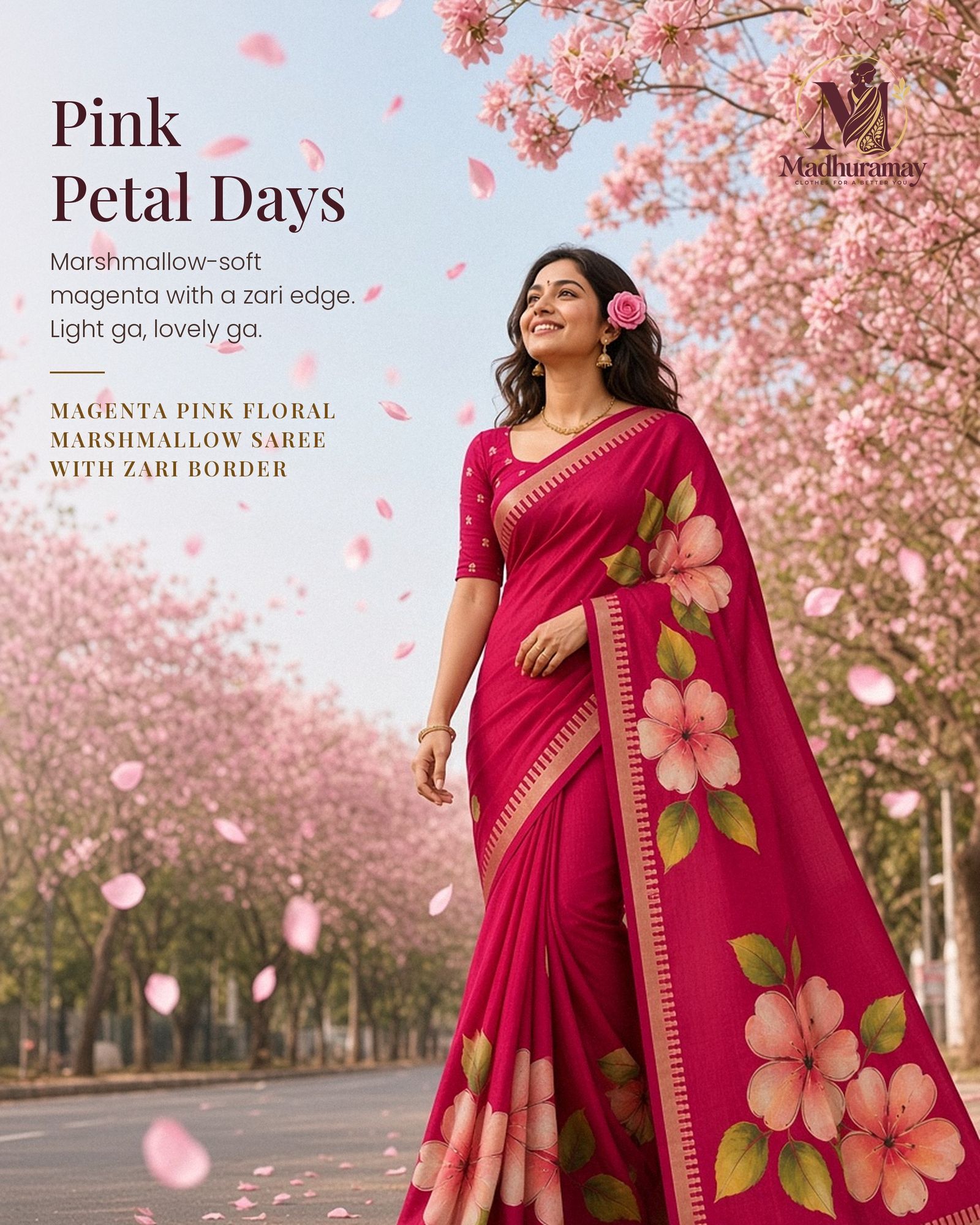 Magenta Pink Festive Bloom Saree with Zari Border, view 1 of 7