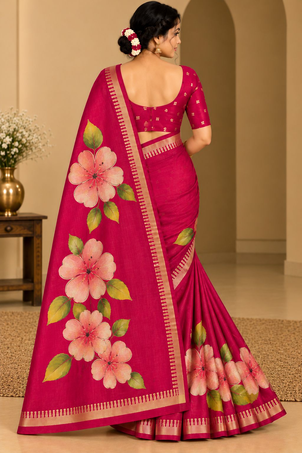 Magenta Pink Festive Bloom Saree with Zari Border, view 7 of 7