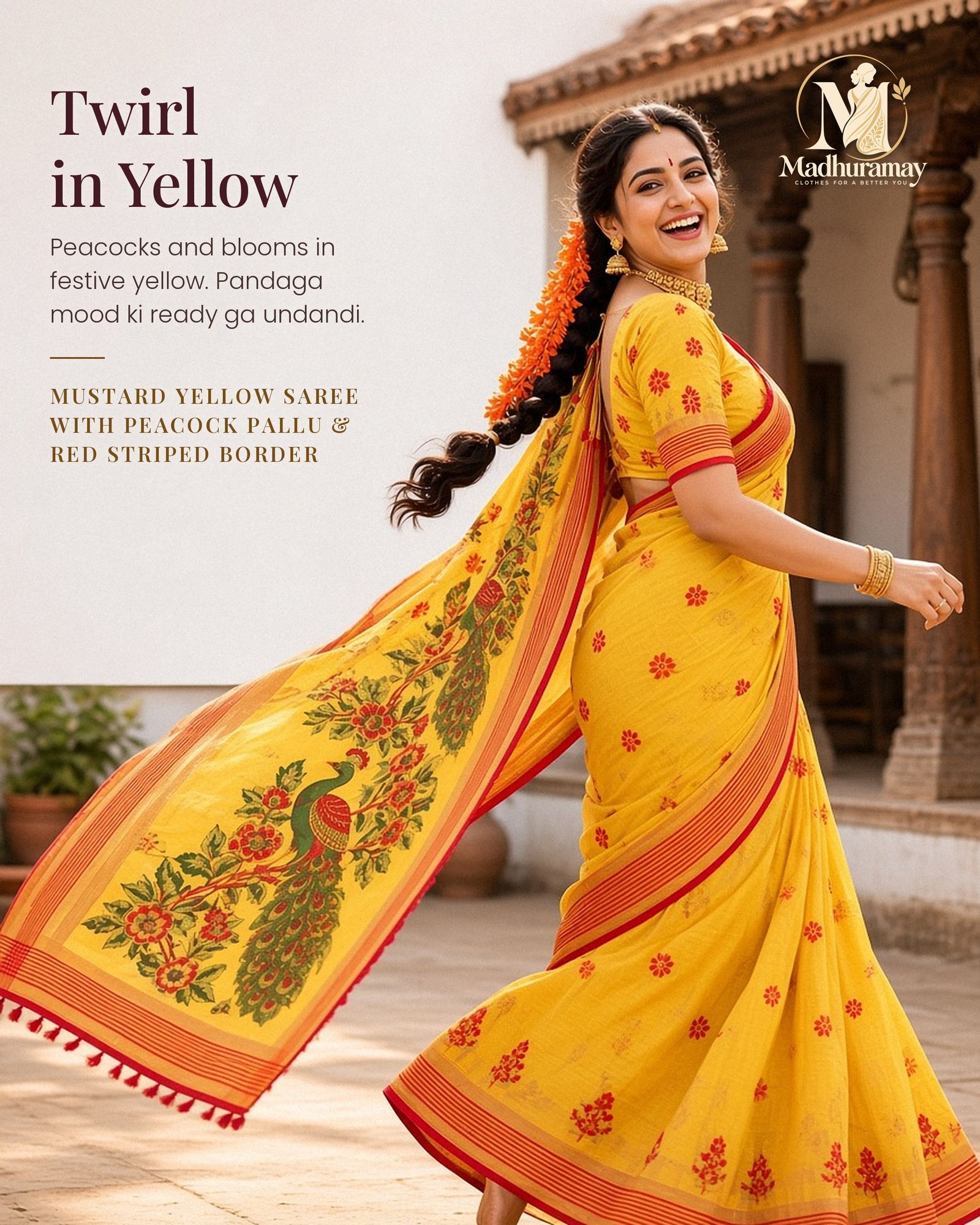 Mustard Yellow Peacock Pallu Festive Saree, view 1 of 8