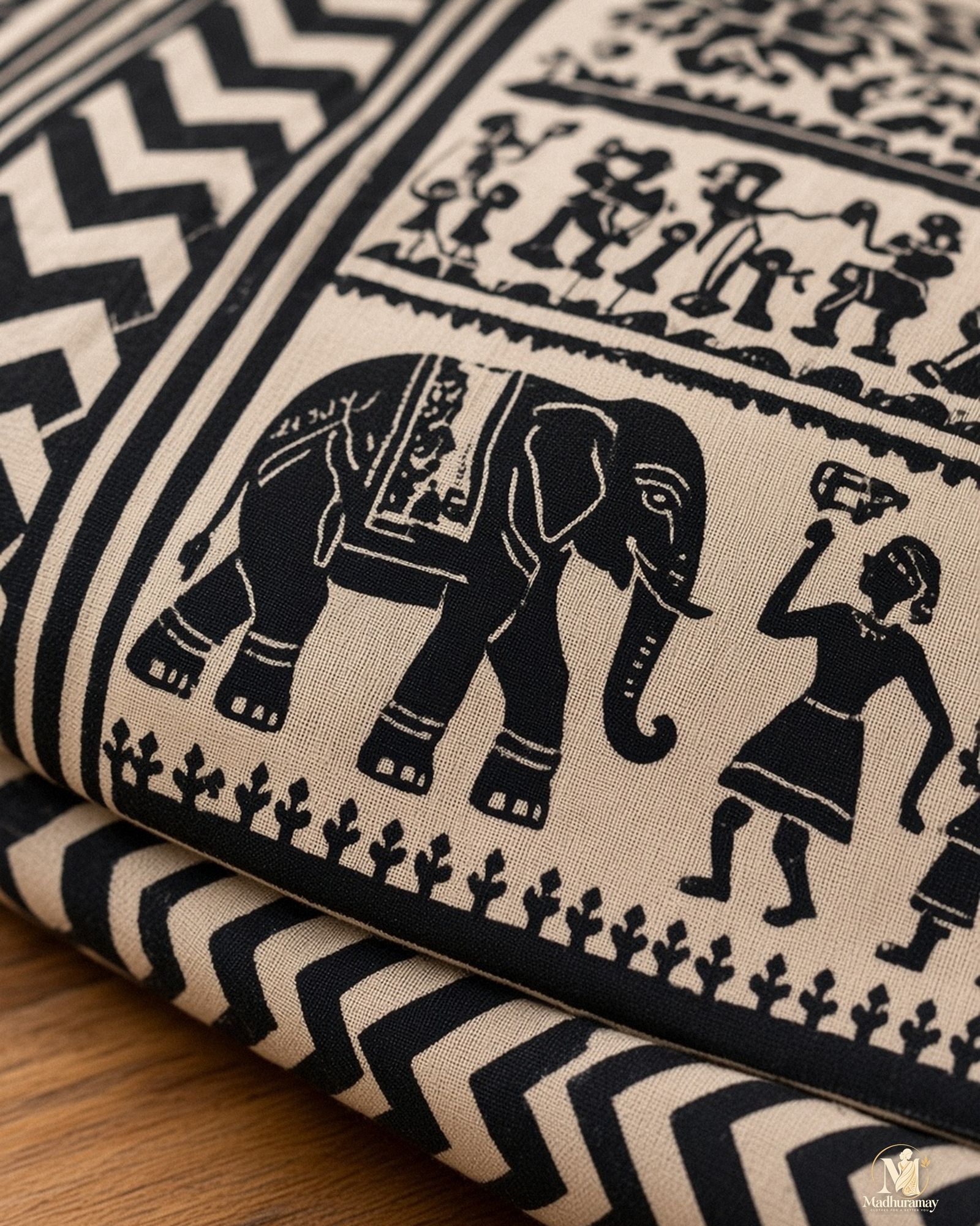 Black & White Utsav Kalamkari Elephant Saree, view 4 of 7