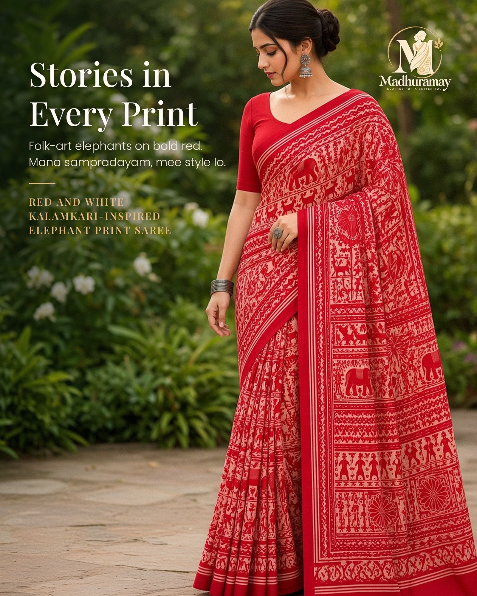 Red & White Utsav Kalamkari Elephant Saree, view 1 of 8