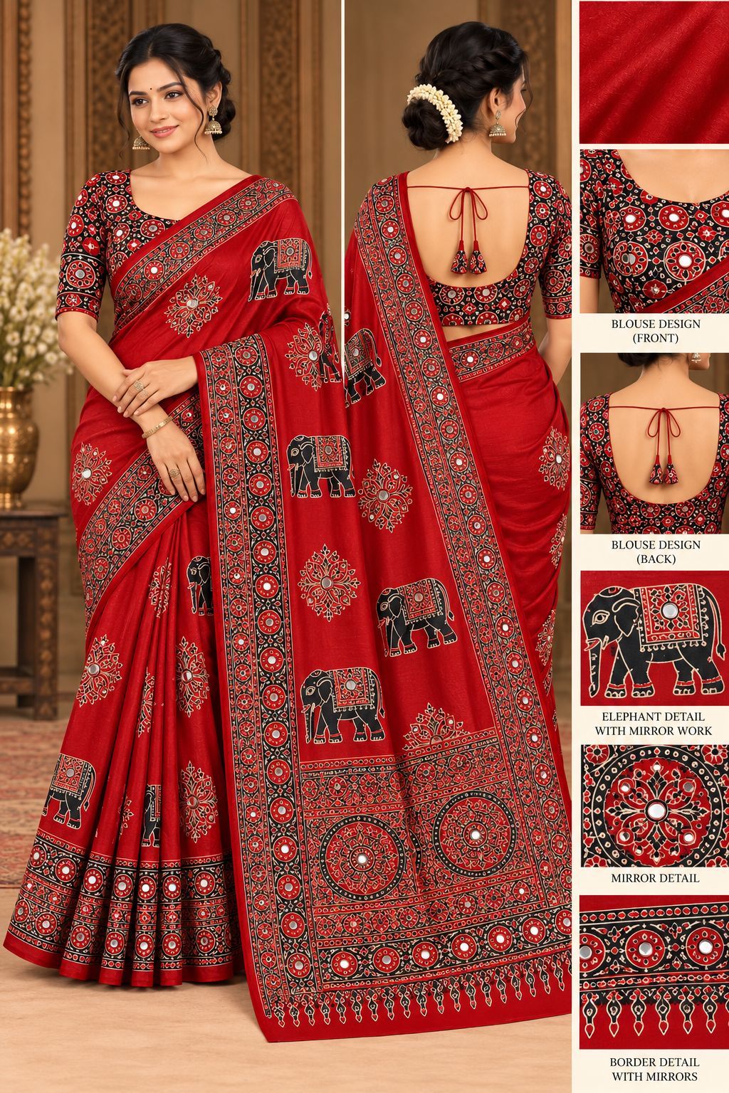 Semi-Ajrak Maroon Printed Soft Silk Saree with Mirror Work & Unstitched Blouse
