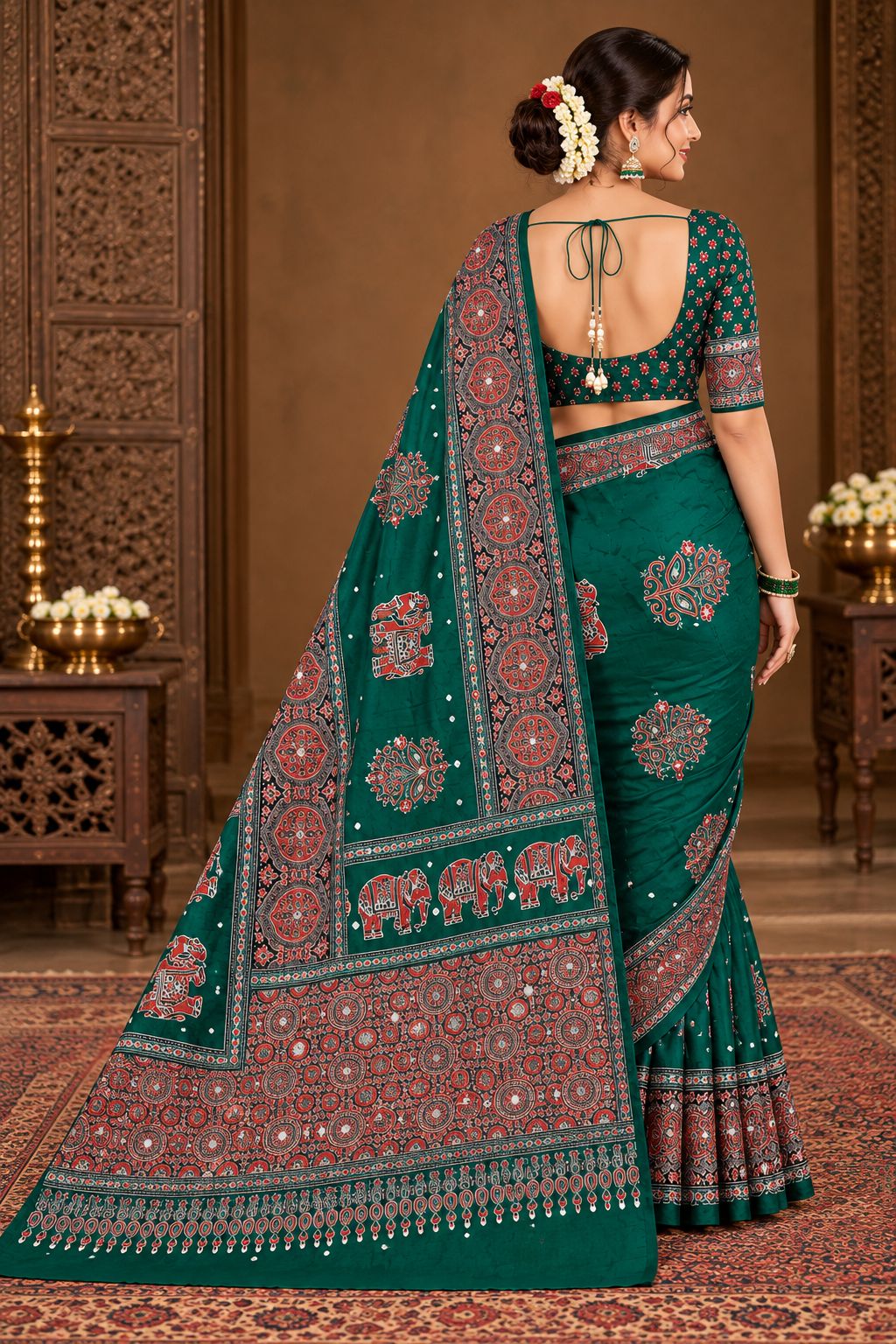 Semi-Ajrak Green Printed Soft Silk Saree with Mirror Work & Unstitched Blouse, view 2 of 5