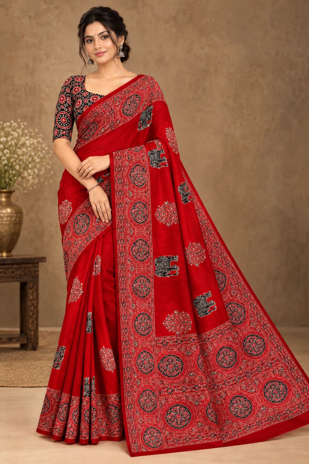 Semi-Ajrak Red Printed Soft Silk Saree with Unstitched Blouse, view 1 of 2