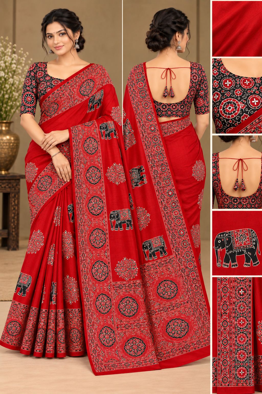 Semi-Ajrak Red Printed Soft Silk Saree with Unstitched Blouse, view 2 of 2
