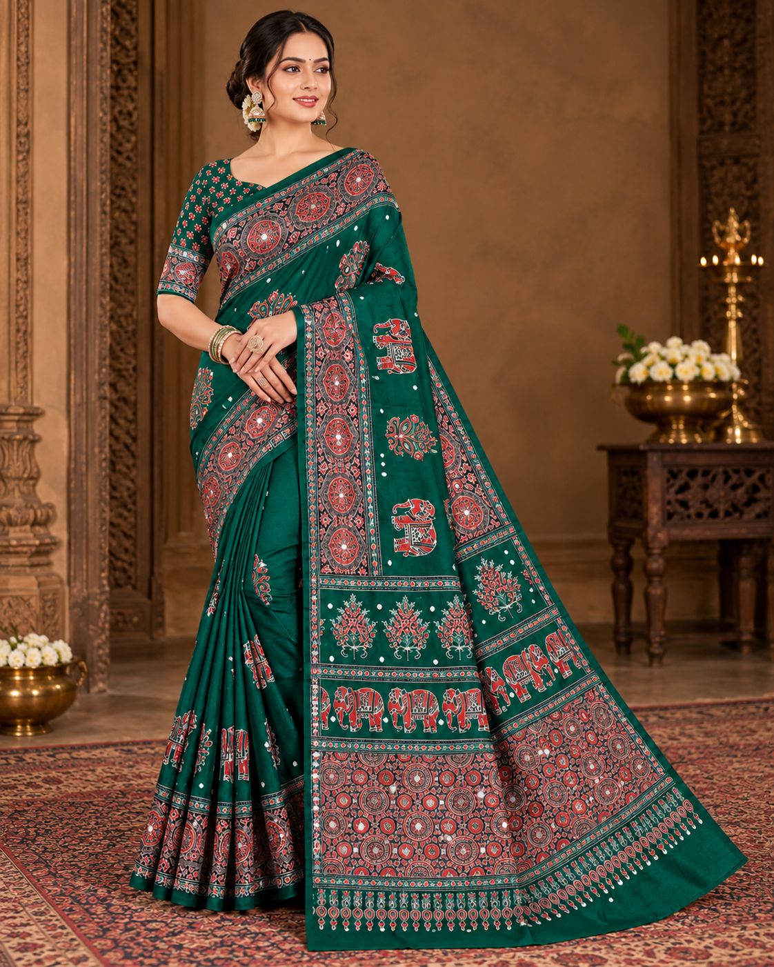 Semi-Ajrak Green Printed Soft Silk Saree with Mirror Work & Unstitched Blouse, view 1 of 5
