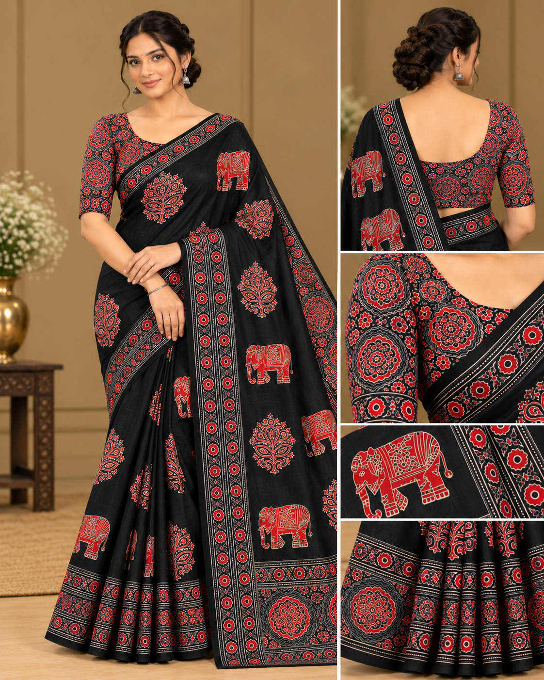 Semi-Ajrak Black Printed Soft Silk Saree with Unstitched Blouse