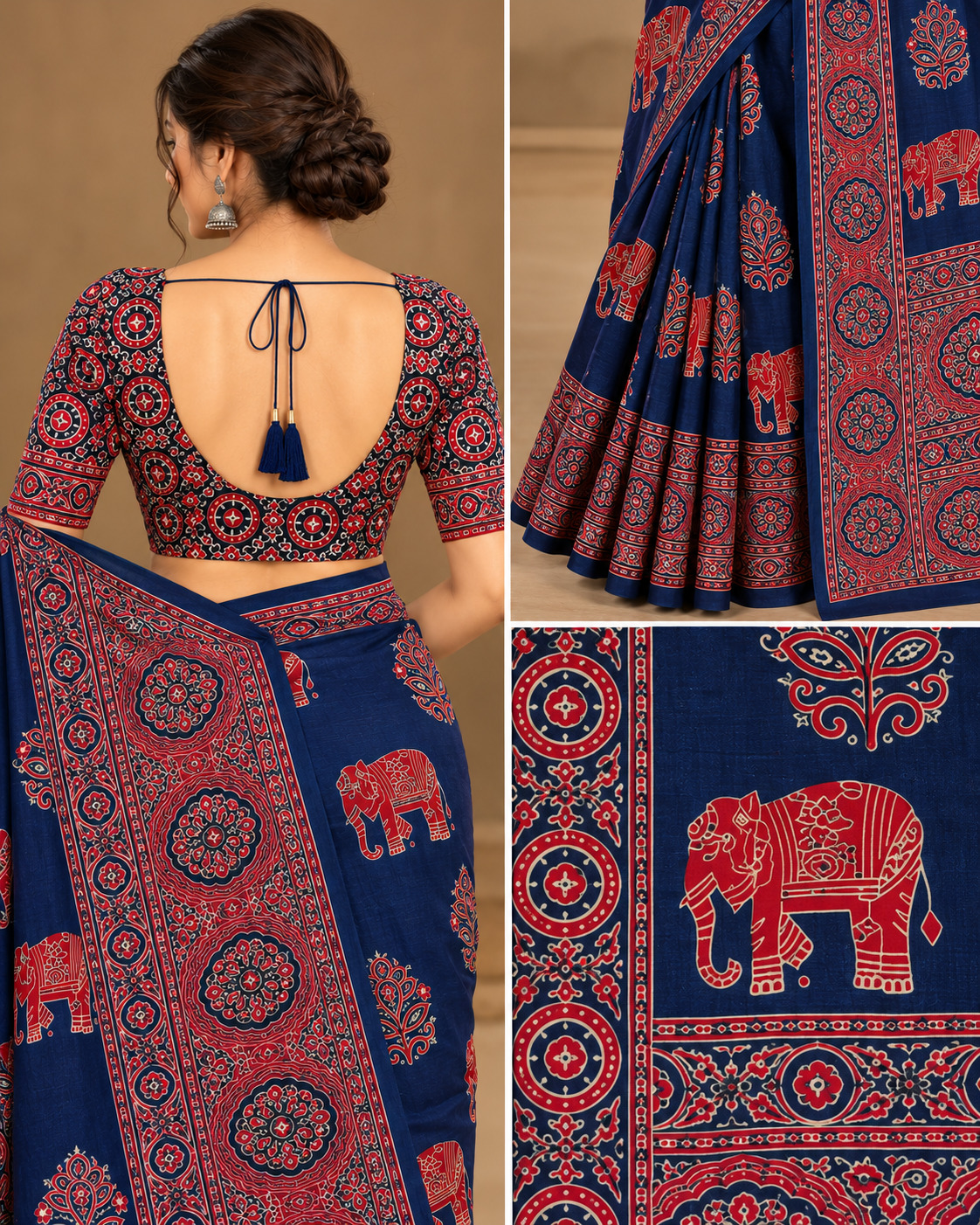Semi-Ajrak Blue Printed Soft Silk Saree with Unstitched Blouse, view 2 of 2