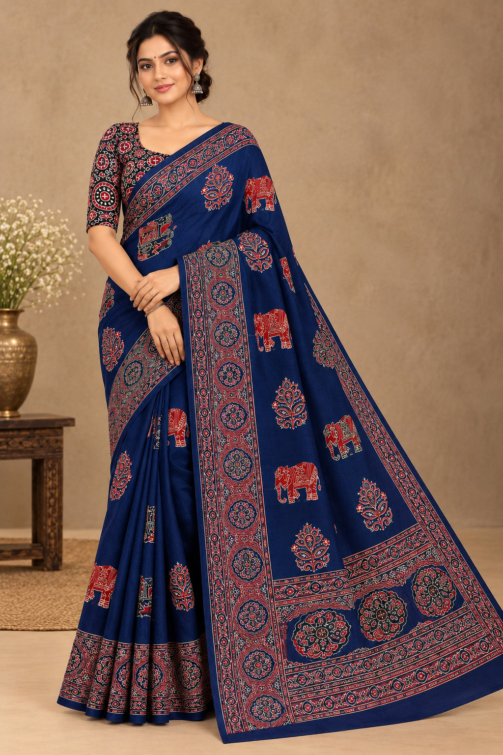 Semi-Ajrak Blue Printed Soft Silk Saree with Unstitched Blouse, view 1 of 2