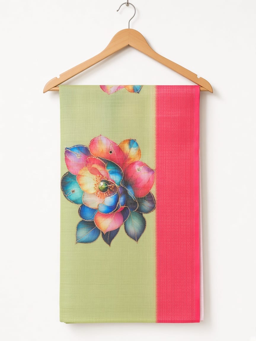 Leaf Green Golden Garden Festive Saree with Coral Border, view 4 of 4