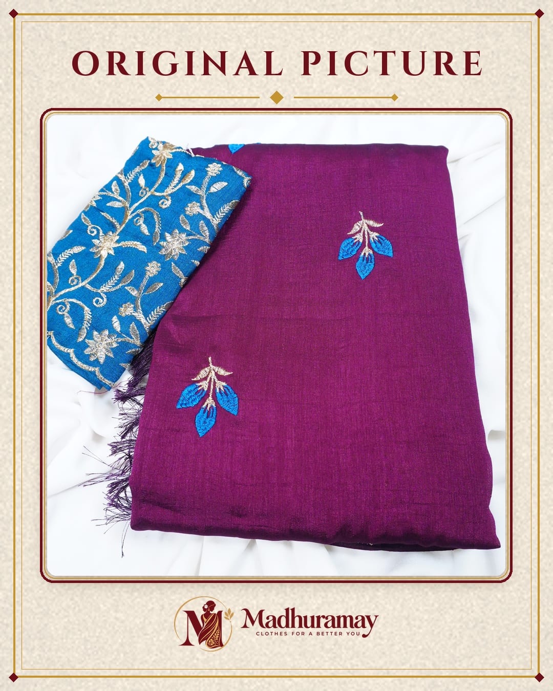 Royal Wine Maroon Rose Bud Embroidered Festive Saree with Teal Blouse, view 2 of 3