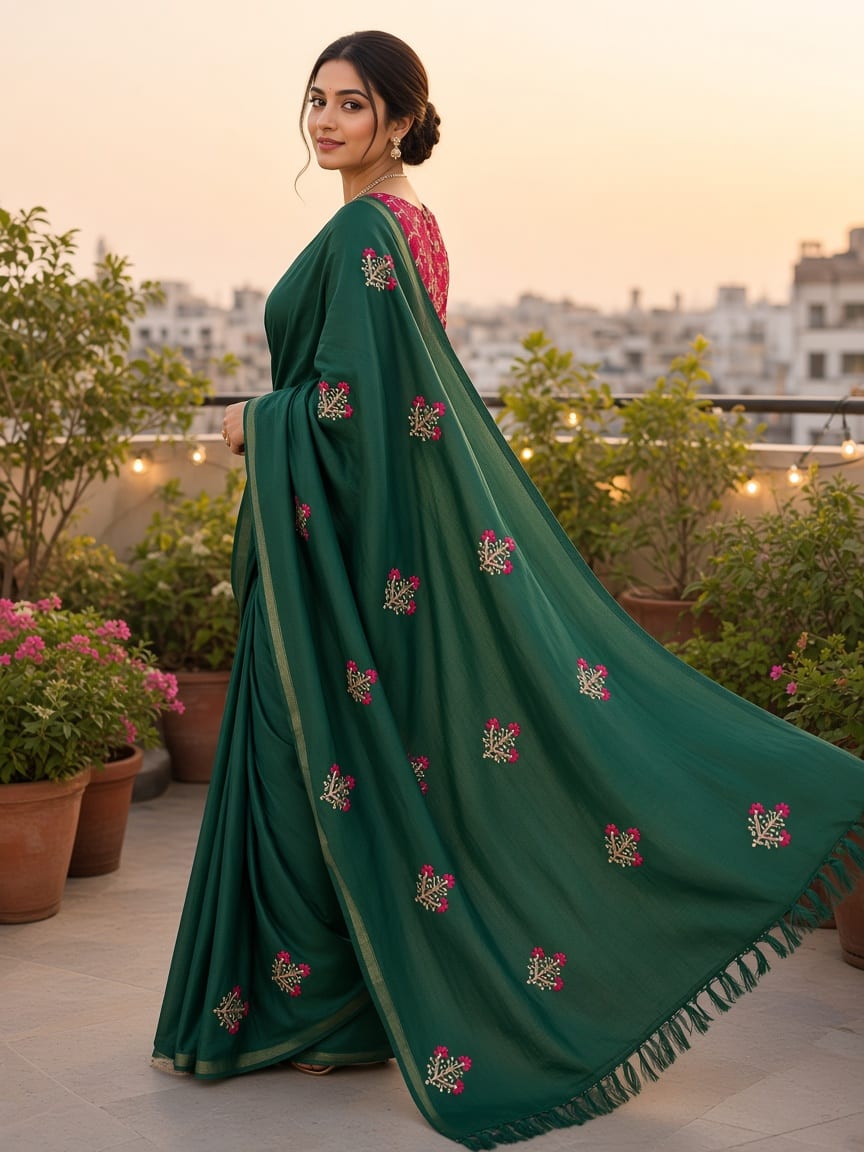 Royal Green Floral Bouquet Embroidered Festive Saree with Maroon Blouse