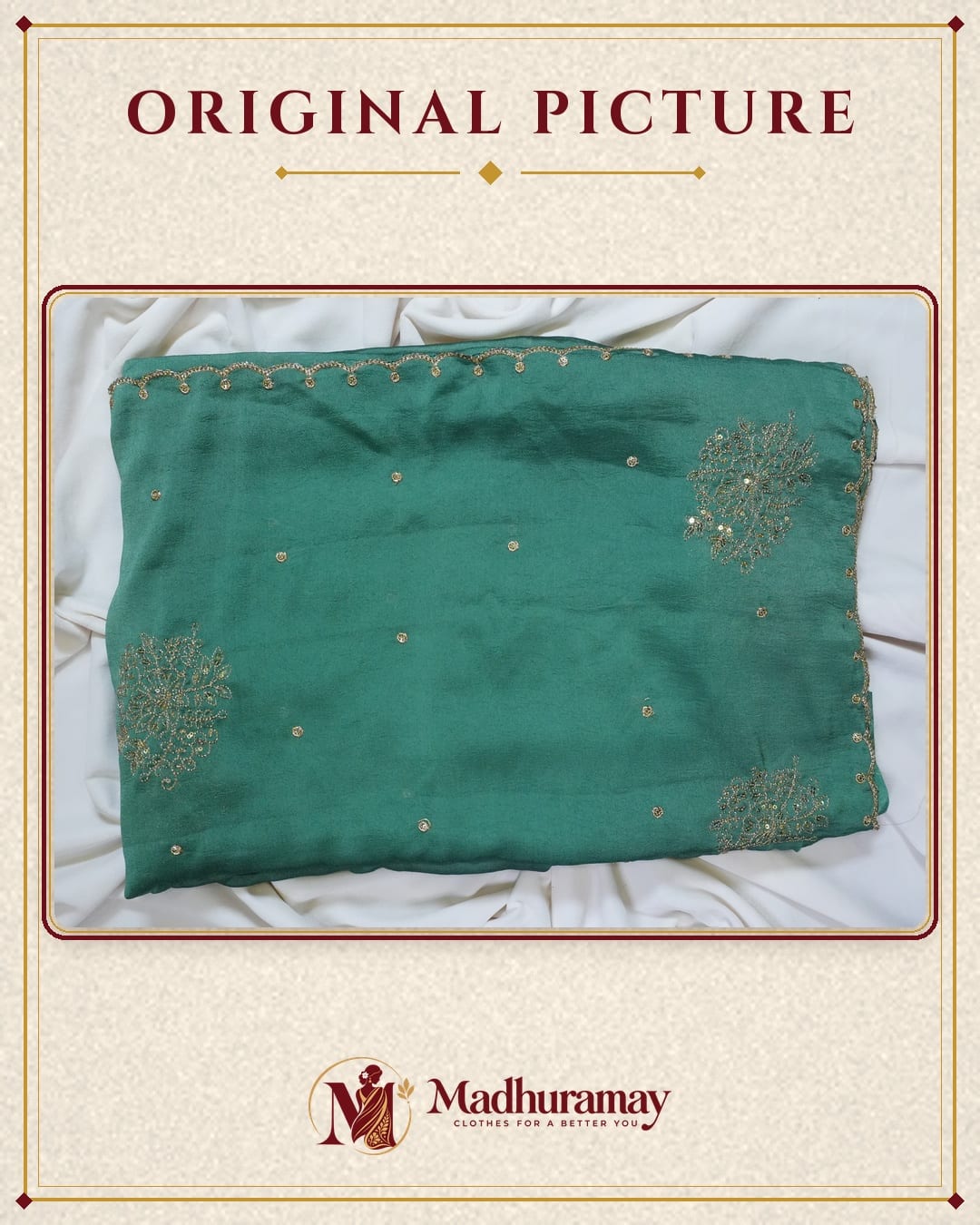Teal Green Golden Blossom Festive Saree with Scalloped Border, view 3 of 4