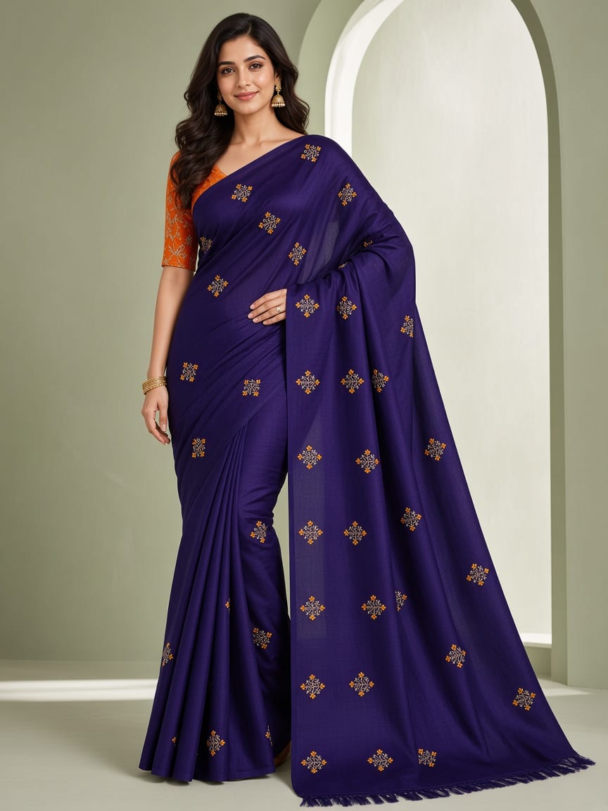 Royal Purple Floral Bouquet Embroidered Festive Saree with Mustard Blouse, view 1 of 2
