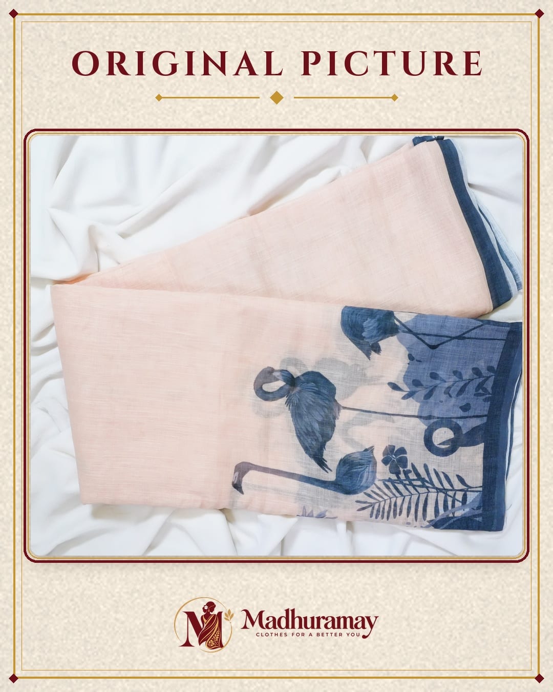 Luxury Flamingo Print Linen Festive Saree, view 3 of 4