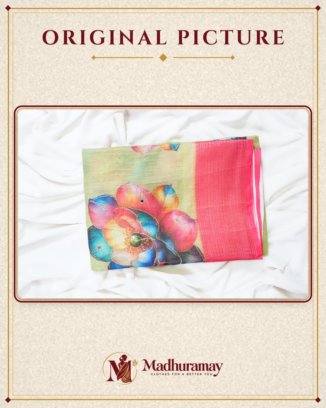 Leaf Green Golden Garden Festive Saree with Coral Border, view 2 of 4