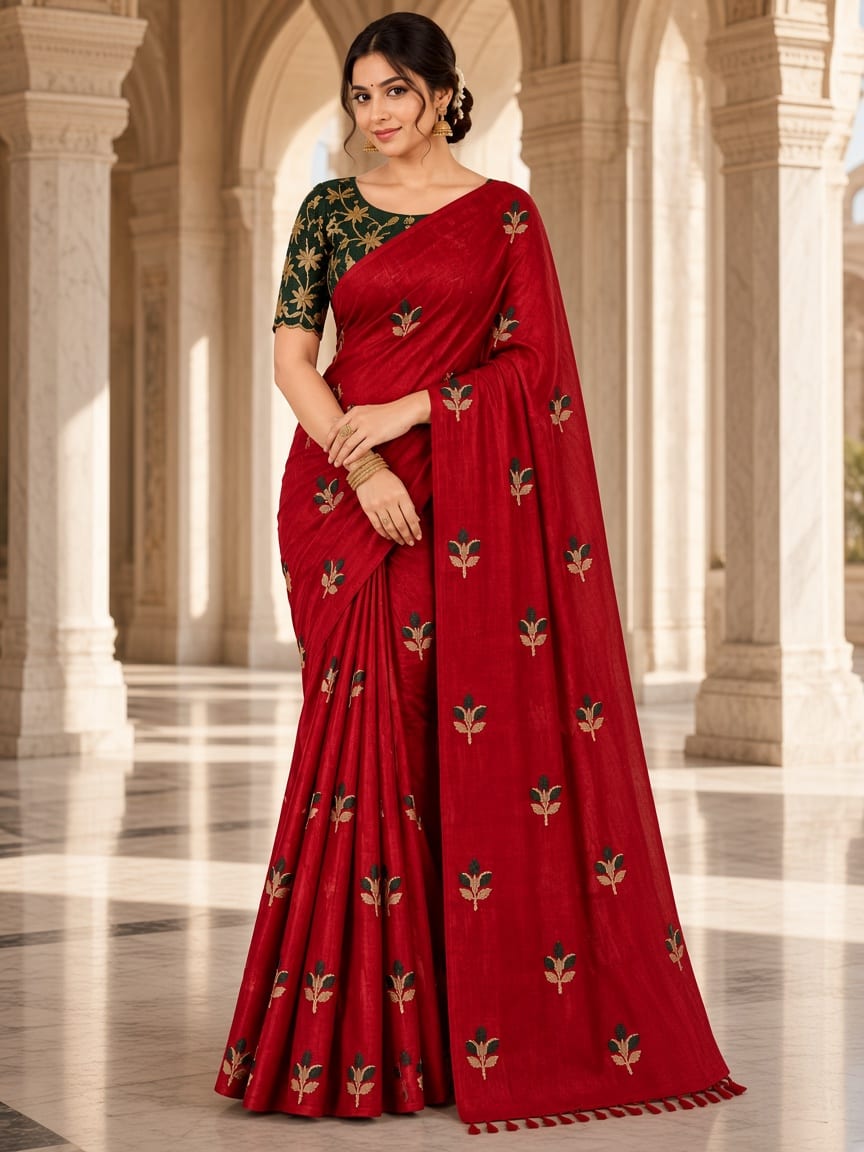 Royal Red Rose Bud Embroidered Festive Saree with Emerald Embroidered Blouse, view 3 of 4