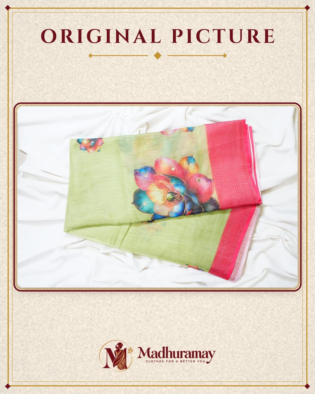 Leaf Green Golden Garden Festive Saree with Coral Border, view 3 of 4