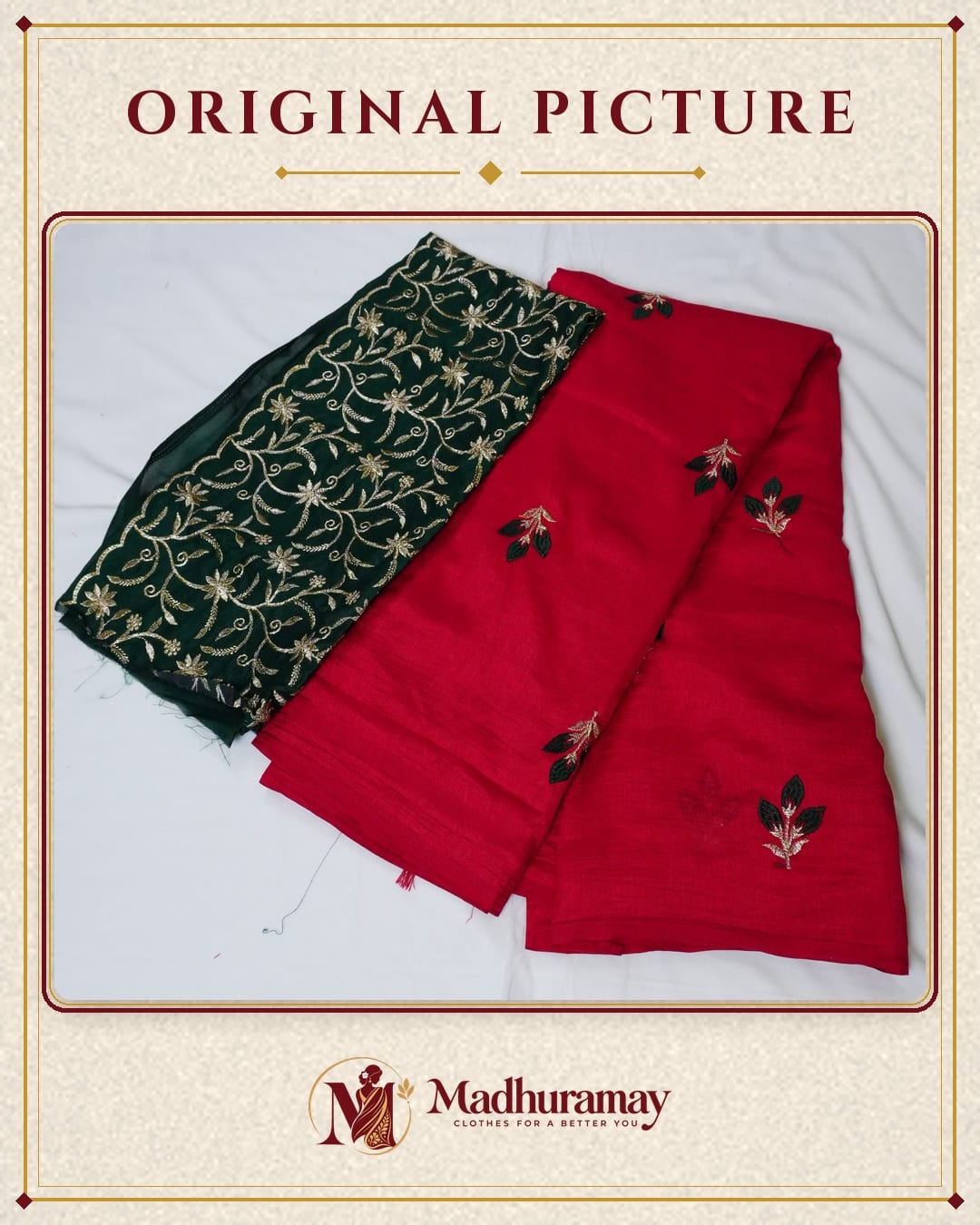Royal Red Rose Bud Embroidered Festive Saree with Emerald Embroidered Blouse, view 2 of 4