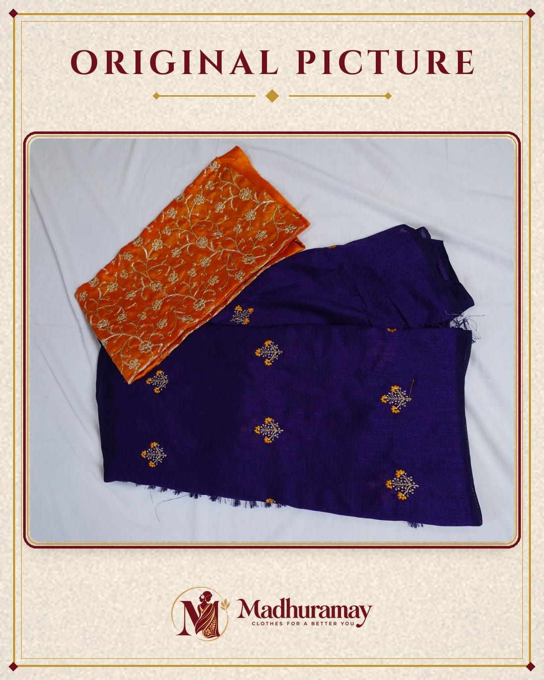 Royal Purple Floral Bouquet Embroidered Festive Saree with Mustard Blouse, view 2 of 2