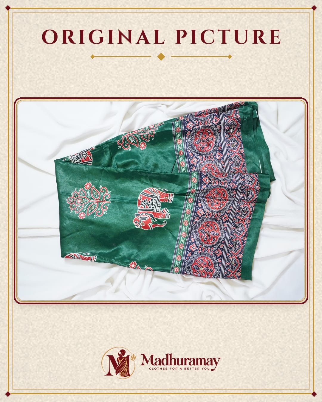 Semi-Ajrak Green Printed Soft Silk Saree with Mirror Work & Unstitched Blouse, view 3 of 5