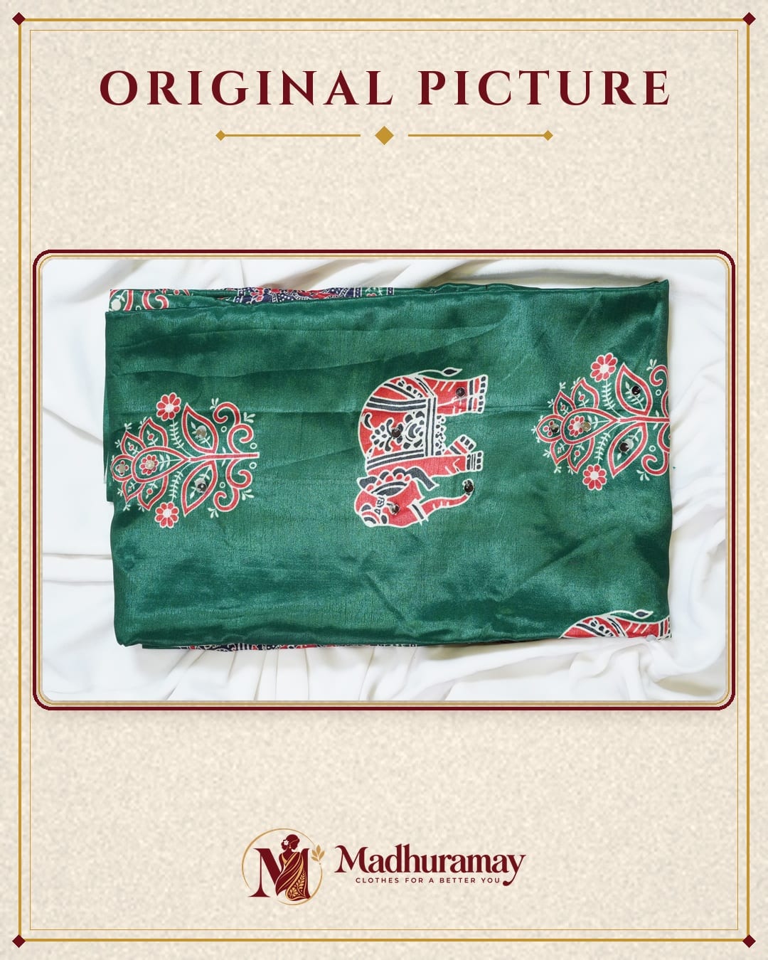 Semi-Ajrak Green Printed Soft Silk Saree with Mirror Work & Unstitched Blouse, view 4 of 5