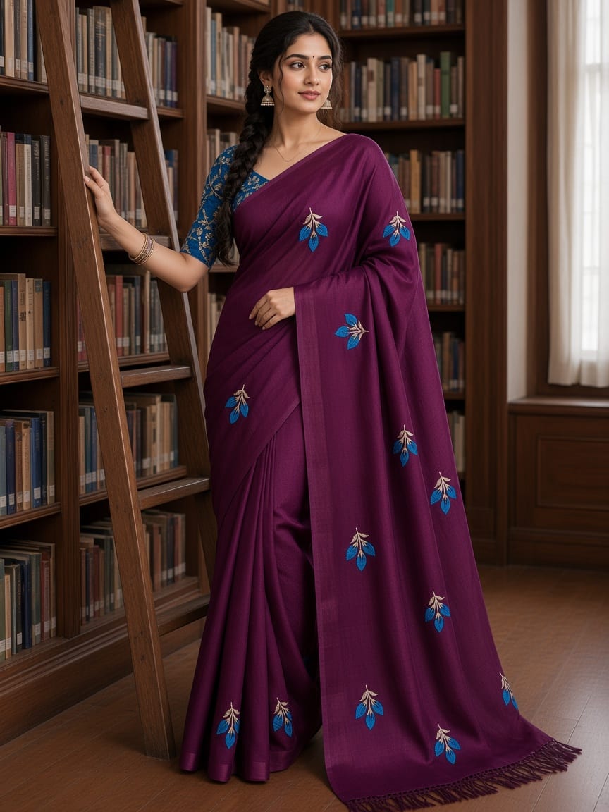 Royal Wine Maroon Rose Bud Embroidered Festive Saree with Teal Blouse, view 3 of 3