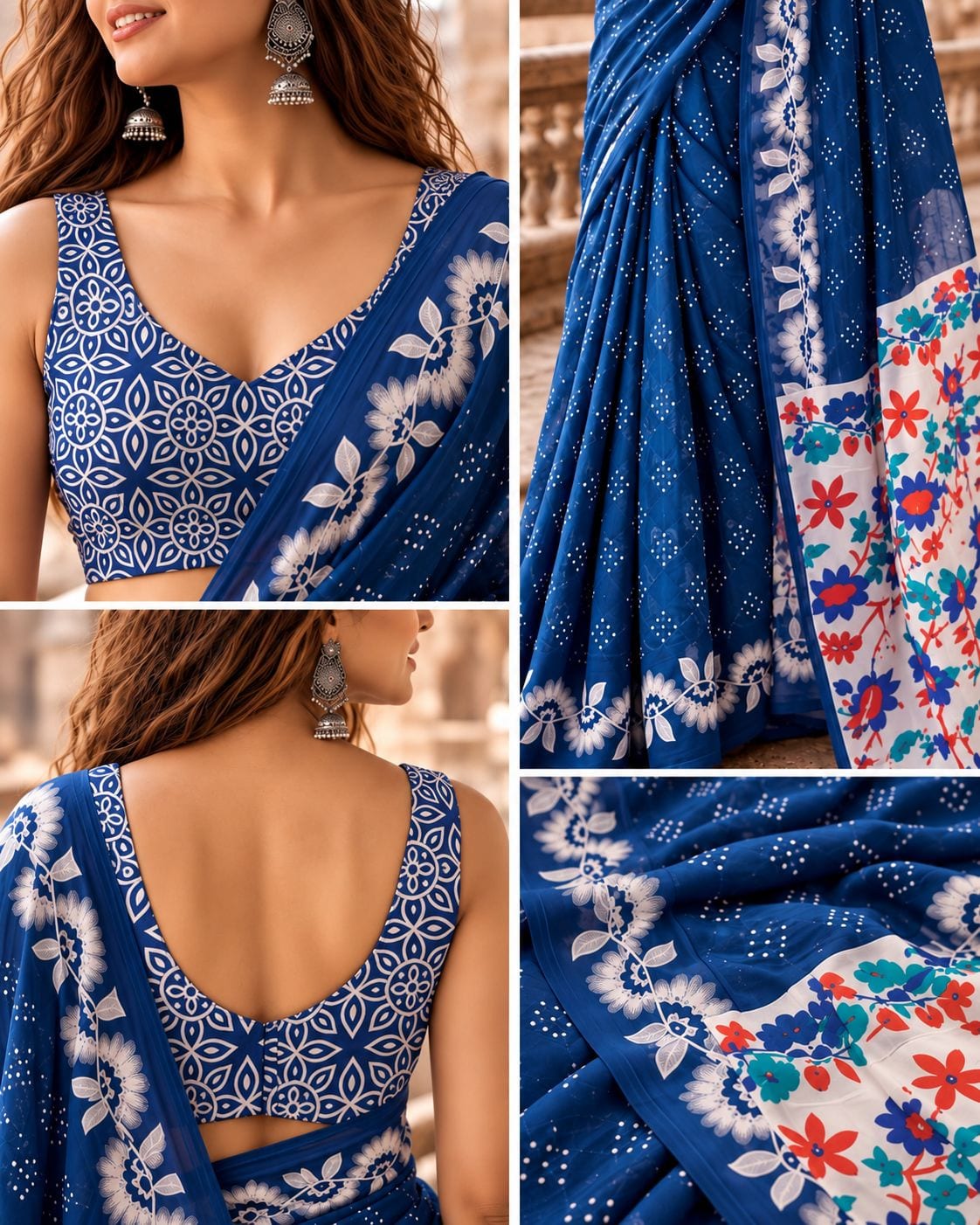 Royal Blue Floral Festive Saree with Printed Pallu, view 5 of 5