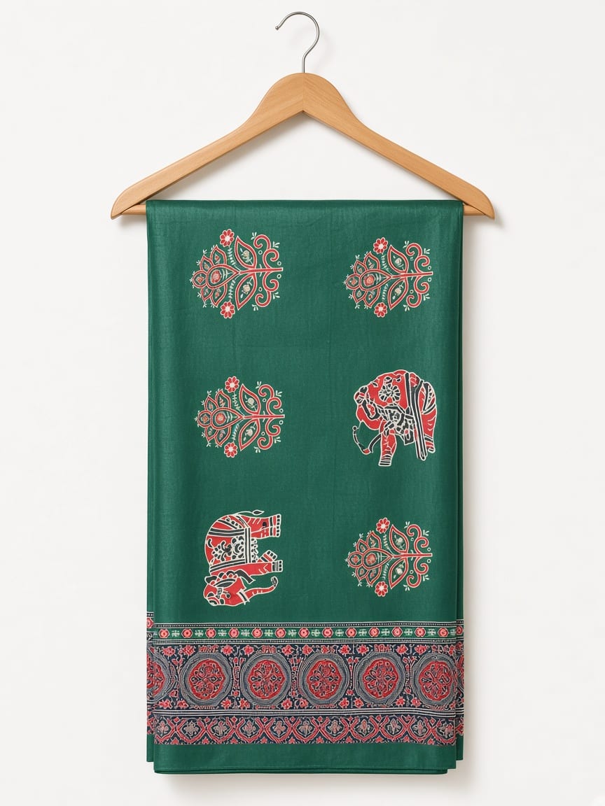 Semi-Ajrak Green Printed Soft Silk Saree with Mirror Work & Unstitched Blouse, view 5 of 5