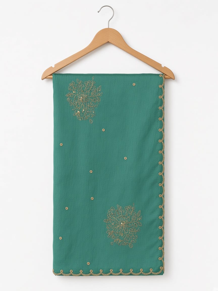 Teal Green Golden Blossom Festive Saree with Scalloped Border, view 4 of 4
