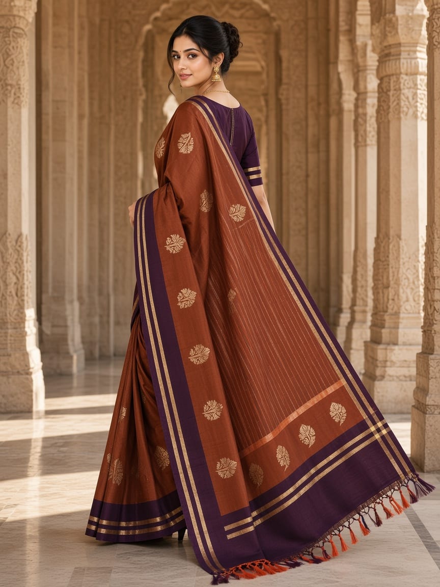 Rust Brown & Plum Golden Heritage Festive Saree, view 5 of 6