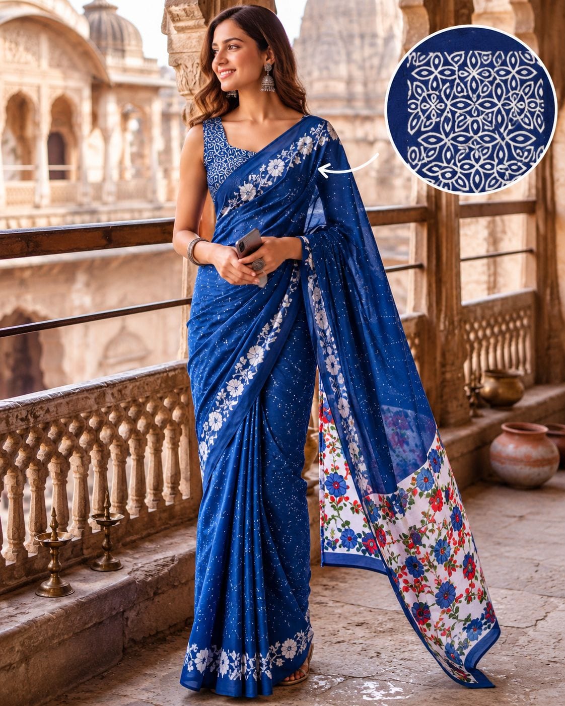 Royal Blue Floral Festive Saree with Printed Pallu