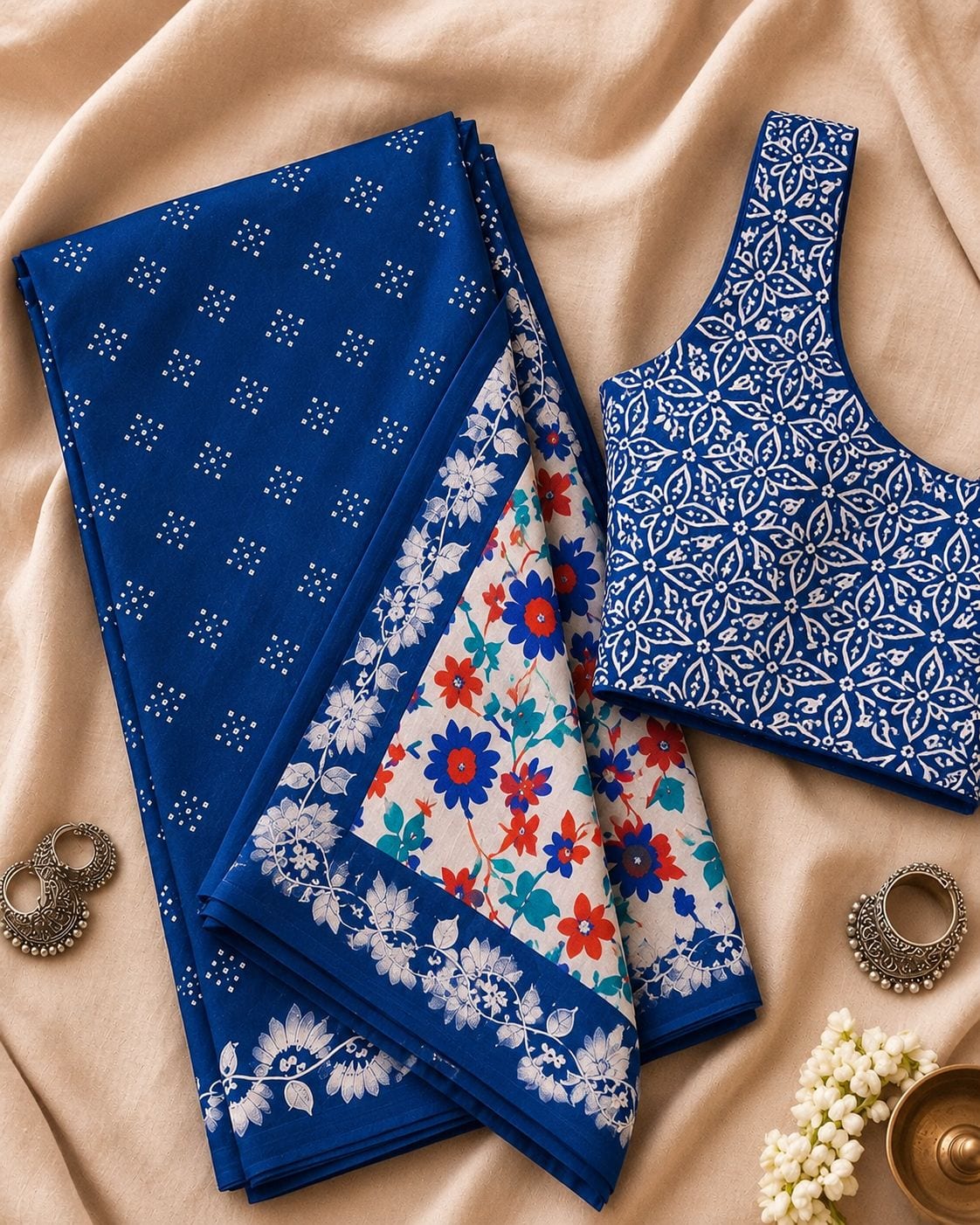 Royal Blue Floral Festive Saree with Printed Pallu, view 4 of 5