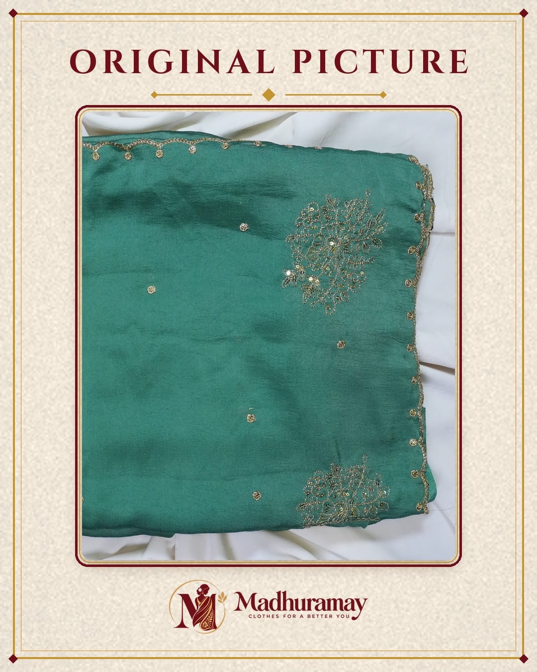 Teal Green Golden Blossom Festive Saree with Scalloped Border, view 2 of 4