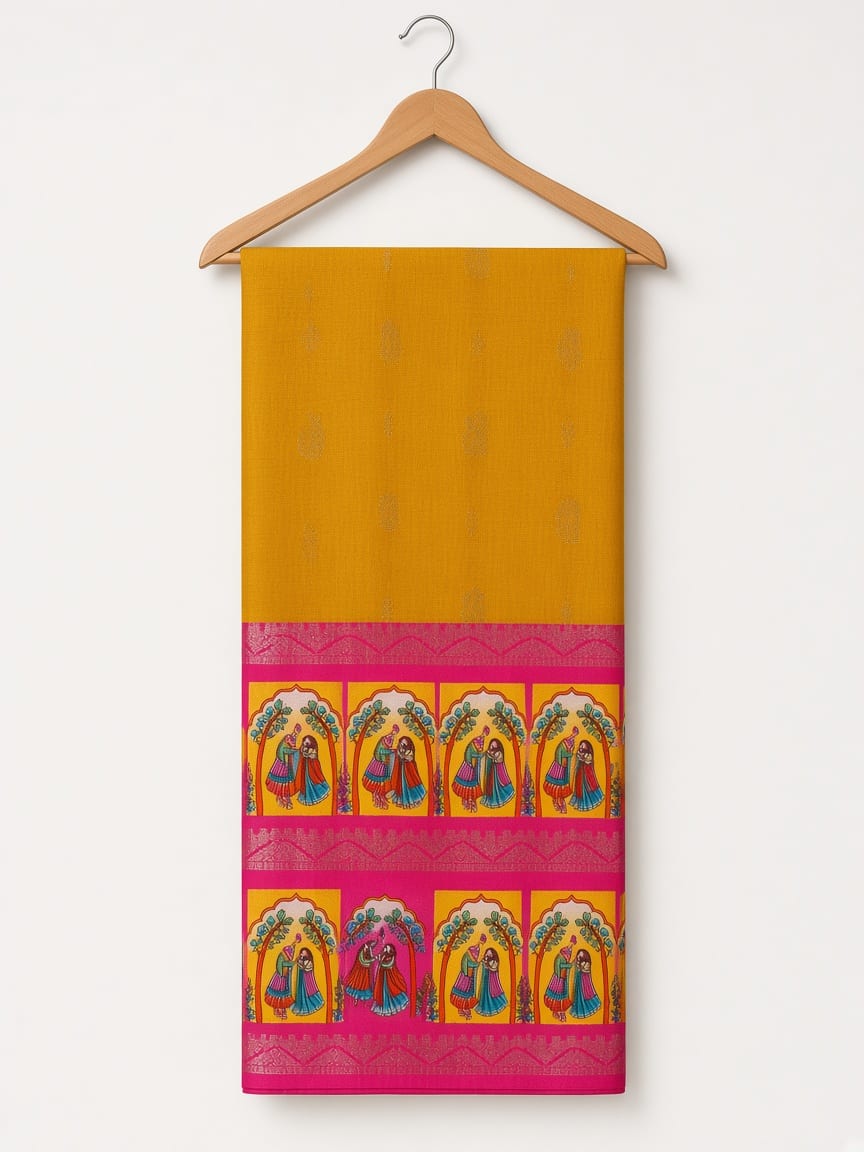 Mustard Yellow & Magenta Folk Art Border Festive Saree, view 4 of 4