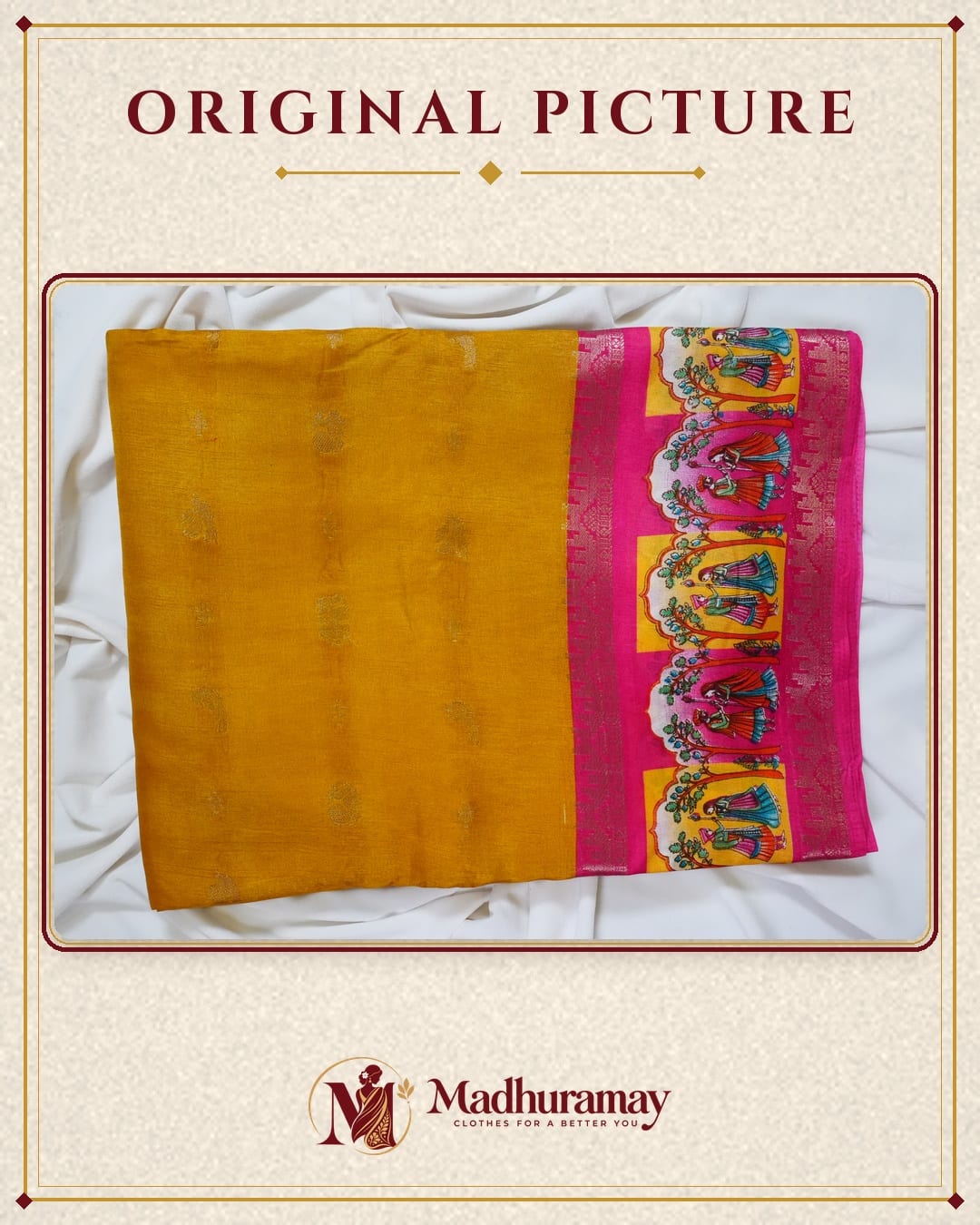 Mustard Yellow & Magenta Folk Art Border Festive Saree, view 3 of 4