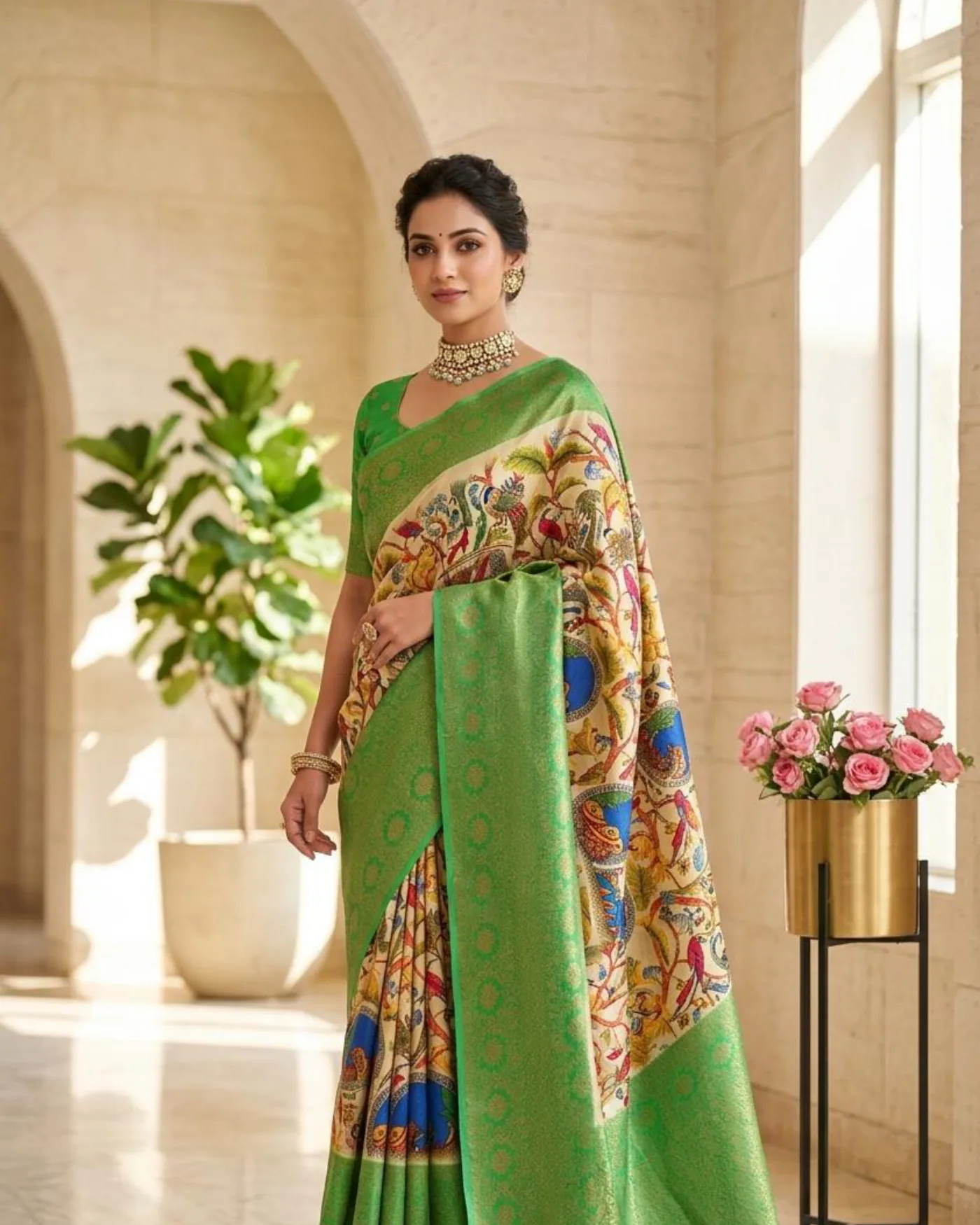 A woman in a cream saree printed with birds and trees, with a green border woven in gold