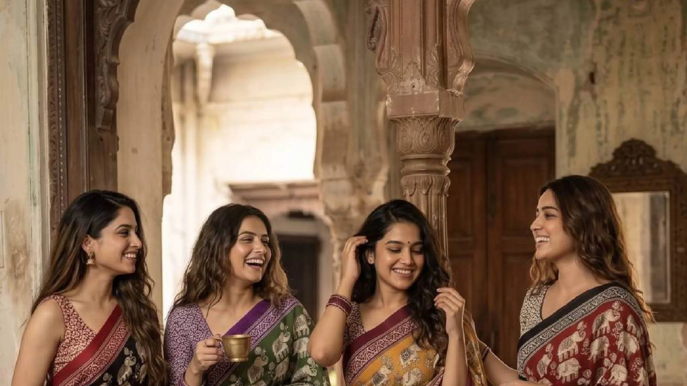 Four women in printed sarees, laughing together in the courtyard of an old haveli