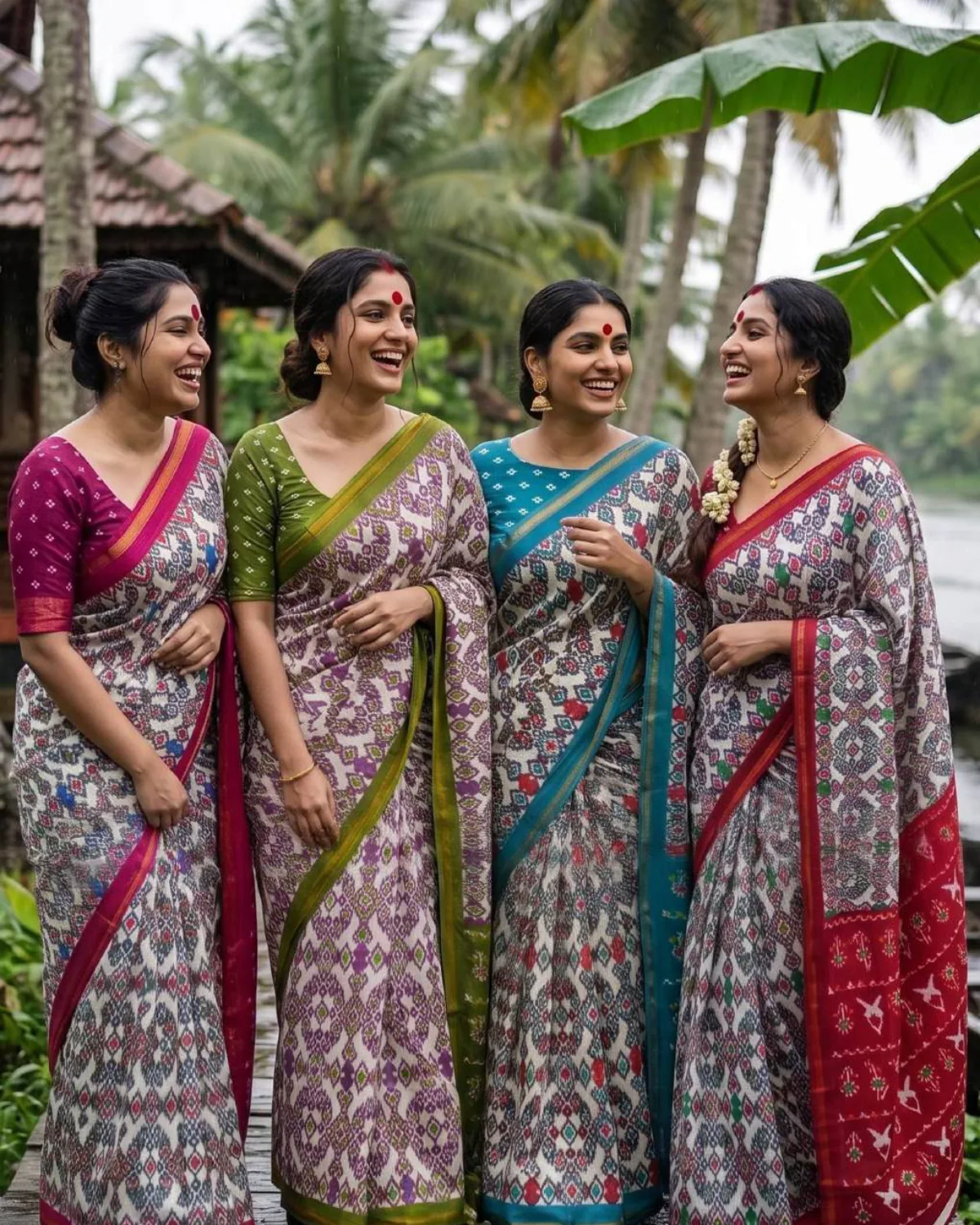 Four women in printed sarees with contrast borders, laughing together under palm trees